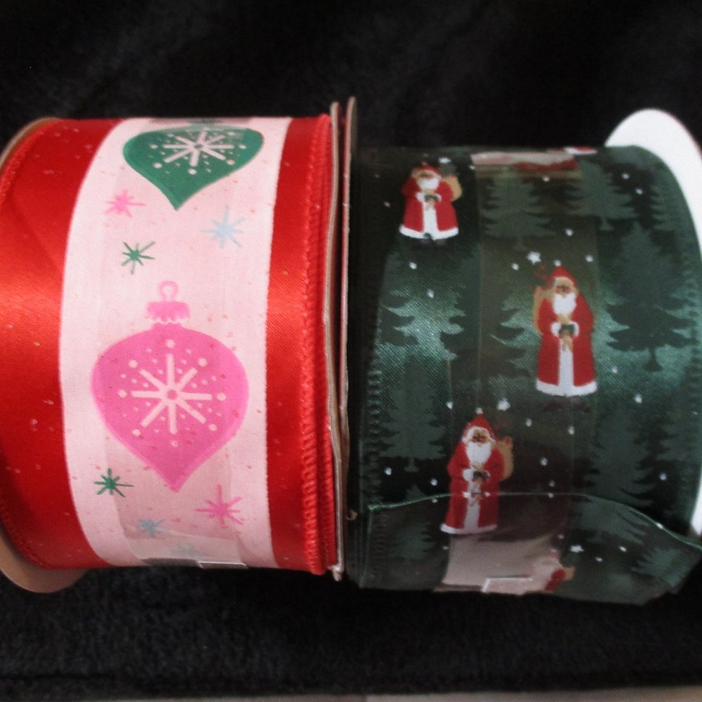 Lot of Two Christmas Santa Ornament Themed Ribbons Wired